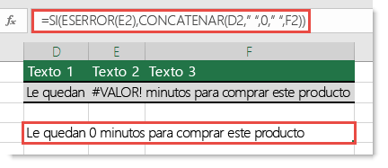 Las funciones SI y ESERROR usadas como solución alternativa para concatenar una cadena con el error #¡VALOR!