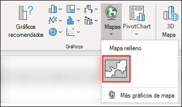Para insertar un gráfico de mapa, seleccione cualquier celda del rango de datos y, a continuación, vaya a Insertar > mapas > de gráficos > y seleccione el icono Mapa coroplético.