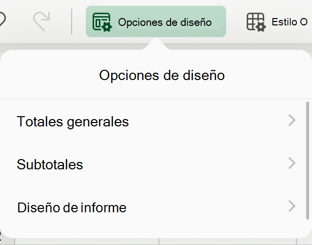 Lista desplegable de diseño de tabla dinámica en iPad.