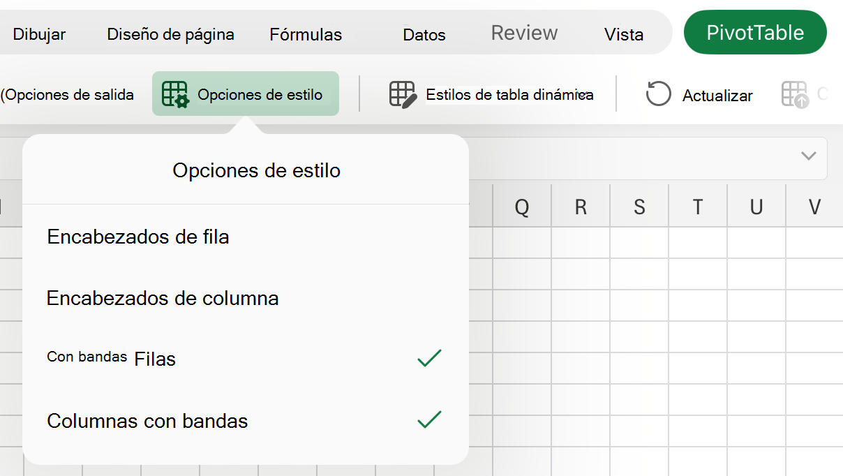 Lista desplegable Opciones de estilo en iPad