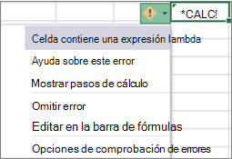 El mensaje de error y la lista desplegable del error de Lambda