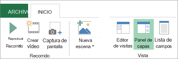 Captura de pantalla que muestra el botón Panel de capas en la pestaña Inicio de Power Map.