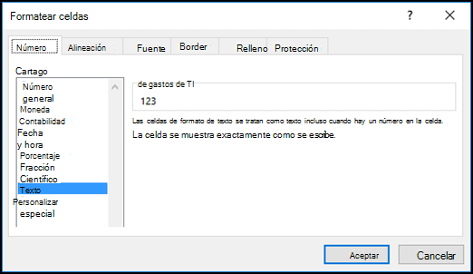 Cuadro de diálogo Formato de celdas donde se muestra la pestaña Número y la opción Texto seleccionada