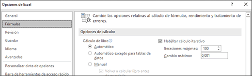 Captura de pantalla de la configuración de cálculo iterativo