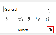 Captura de pantalla que muestra la ubicación del selector de cuadro de diálogo Número en la cinta de opciones.