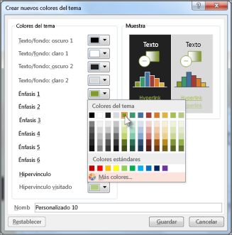 Captura de pantalla que muestra el cambio de un color del tema.
