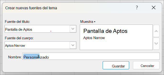 Captura de pantalla que muestra el botón Crear nuevas fuentes del tema.