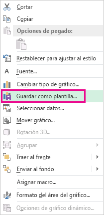 Captura de pantalla que muestra el comando Guardar como plantilla en el menú contextual.