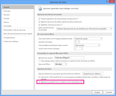 Captura de pantalla que muestra las opciones de inicio en el cuadro de diálogo Opciones de Excel.