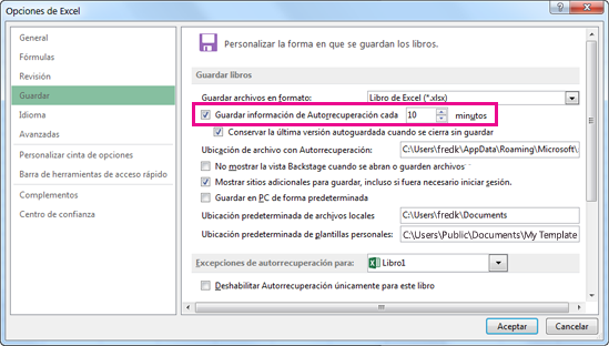 Opción Autorrecuperación en la pestaña Guardar del cuadro de diálogo Opciones de Excel