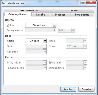 las opciones del cuadro de diálogo Formato de control