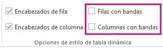 Cuadros Filas con bandas y Columnas con bandas en la pestaña Diseño