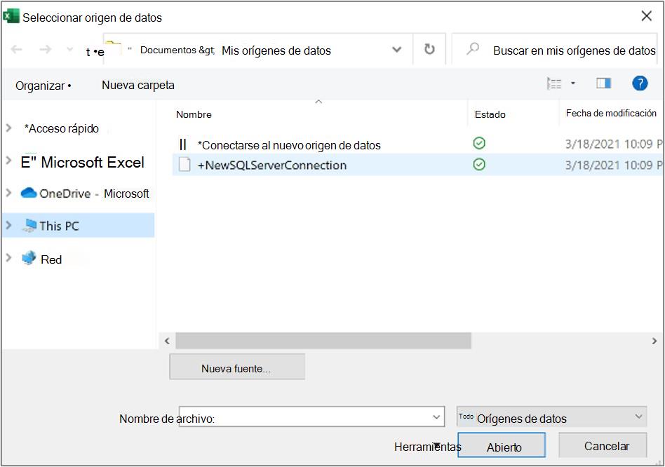 Cuadro de diálogo Seleccionar origen de datos