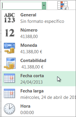 Comando Fecha corta de la galería de Formato de número