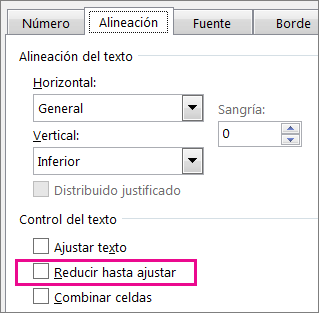 Reducir hasta ajustar en la pestaña Alineación del cuadro de diálogo Formato de celdas