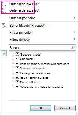 Comandos de ordenación de la galería Ordenar y filtrar