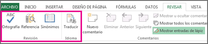 Opciones de ortografía, sinónimos y traducir