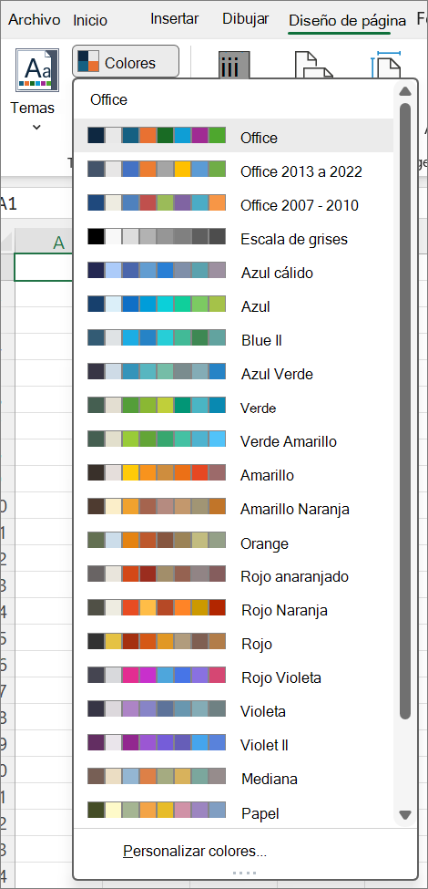 Captura de pantalla que muestra la galería de colores de temas abierta con el botón Colores en la pestaña Diseño de página.