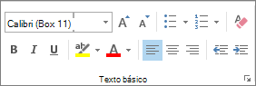Opciones del grupo Texto básico