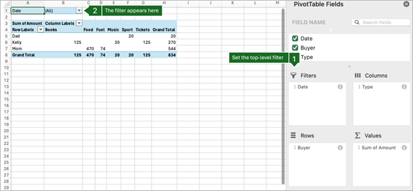 Tabla dinámica de Excel para Mac con fecha en el área Filtros