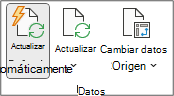 Grupo Datos de la pestaña Analizar tabla dinámica de la cinta de opciones. El grupo Datos contiene los botones Actualizar automáticamente, Actualizar y Cambiar origen de datos.