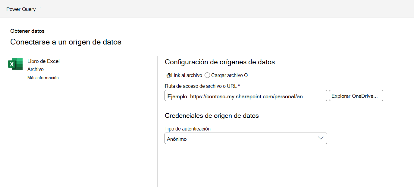 El menú de configuración de conexión de origen de datos,