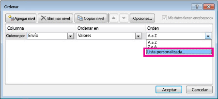 Cuadro de diálogo Ordenar