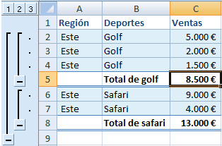Ejemplo de subtotales automáticos