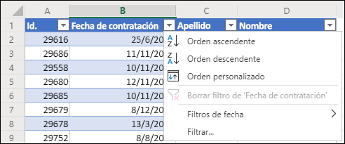 Use el filtro de tabla de Excel para ordenar en orden ascendente o descendente