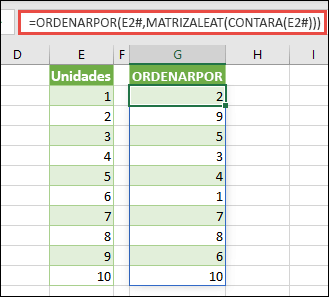 Use ORDENARPOR con MATRIZALEAT y COUNTA. En este caso, E2 # hace referencia al rango completo que empieza en la celda E2, ya que se ha rellenado con =SECUENCIA(10). El signo # se denomina operador de rango desbordado.