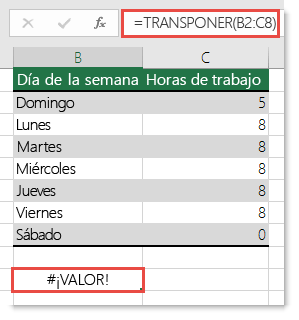 Error #¡VALOR! en la función TRANSPONER