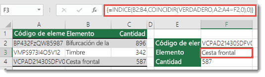 Si usa ÍNDICE y COINCIDIR cuando tiene un valor de búsqueda superior a 255 caracteres, debe escribirlo como una fórmula de matriz. La fórmula de la celda F3 es =INDICE(B2:B4;COINCIDIR(VERDADERO;A2:A4=F2;0);0) y se especifica presionando Ctrl+Mayús+Entrar