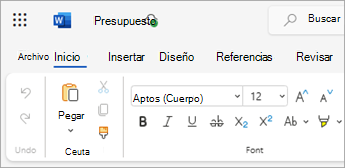 Captura de pantalla que muestra un archivo de Word abierto desde OneDrive en la web.