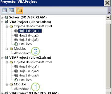 Panel del Explorador de proyectos de VBA que muestra los árboles de proyecto de VBAProject Book1.xlsm y VBAProject Book2.xlsm. El número 1 marca Módulo1 en la carpeta Módulos Book2.xlsm y el número 2 marca la carpeta Módulos en Libro1.xlsm, indicando dónde arrastrar el módulo para copiarlo.