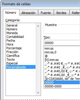 Categoría Personalizada en el cuadro de diálogo Formato de celdas