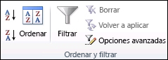 El grupo Ordenar y filtrar en la pestaña Datos