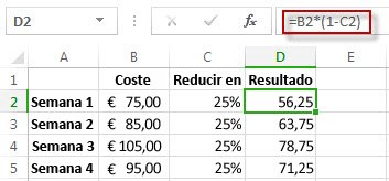 Resultados de porcentaje en la columna D