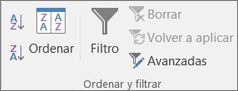 The Sort & Grupo Filtro de la pestaña Datos