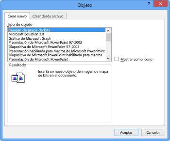 Cuadro de diálogo Insertar objeto