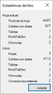 El cuadro de diálogo Estadísticas del libro.
