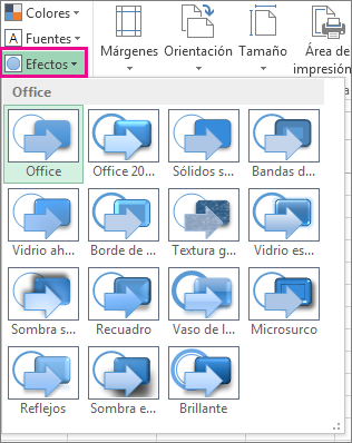 Captura de pantalla que muestra los efectos de los temas en la pestaña Diseño de página.