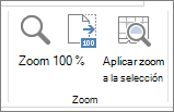 Grupo Zoom de Excel con Zoom, 100 % y Zoom a la selección