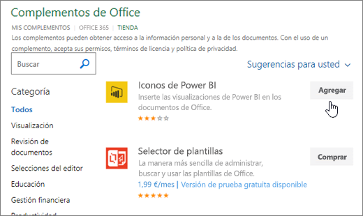Captura de pantalla de la página de complementos de Office donde puede seleccionar o buscar un complemento para Excel.