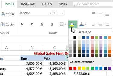 Botón de relleno y opciones de la Cinta