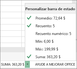 Opciones de barra de estado