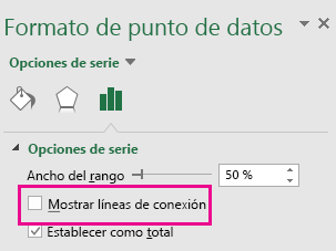 Panel de tareas Formato de punto de datos con la casilla Mostrar líneas conectoras activada en Office 2016