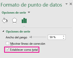 Panel de tareas Formato de punto de datos con la opción Establecer como total en Office 2016 para Windows