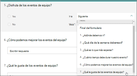 Bifurcar a otras preguntas en función de la respuesta de otra pregunta