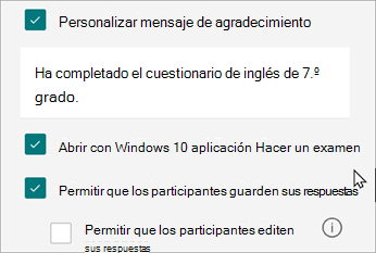 La configuración de un cuestionario revelará una opción para respuestas específicas para cuestionarios: Abrir con Windows 10 Hacer un examen