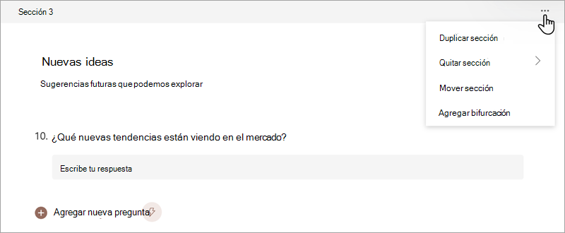 Captura de pantalla que muestra cómo puede organizar secciones en un formulario o cuestionario en Microsoft Forms.